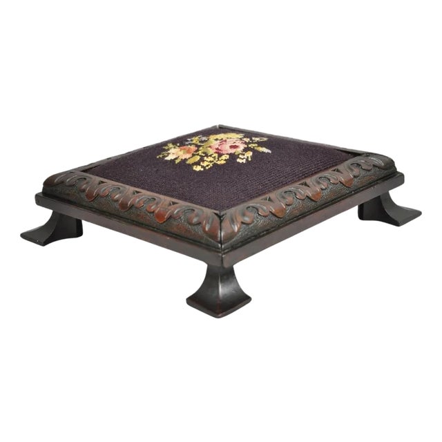 Early 20th Century Antique Victorian Carved Solid Mahogany Floral Needlepoint Low Footstool Ottoman For Sale