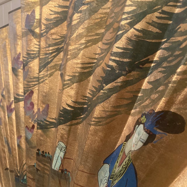 Mid Century Monumental Hand-Painted Figural Chinoiserie Wall Fan: Woman in Garden For Sale - Image 6 of 12