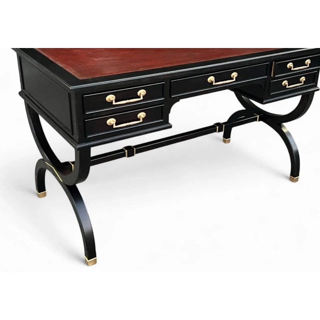 Mid 20th Century Hollywood Regency Ebonized Desk With Rouge Leather Top by Sligh-Lowry For Sale - Image 11 of 17