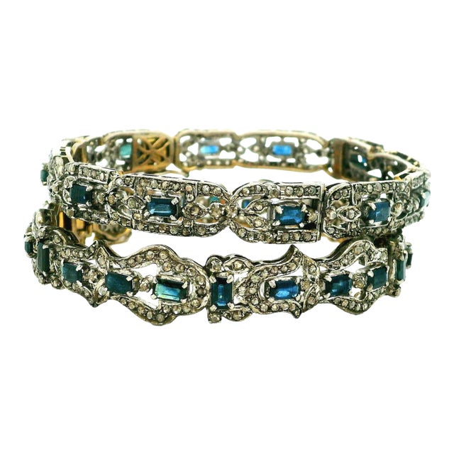 Vintage Indian Sapphire and Diamond Bracelet Set, Silver and 14k Gold, Circa 1950, 2 Pieces For Sale