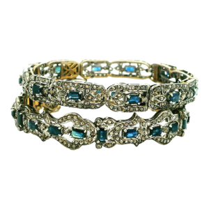 Vintage Indian Sapphire and Diamond Bracelet Set, Silver and 14k Gold, Circa 1950, 2 Pieces