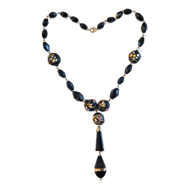 Late 19th Century Wedding Cake Lampwork & Jet Faceted Beads Necklace For Sale