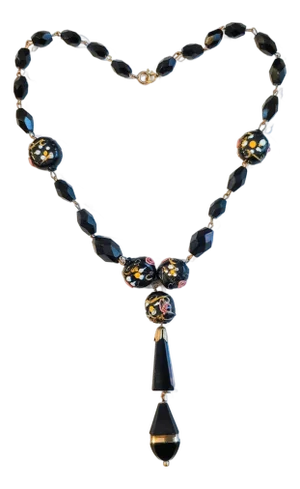 Late 19th Century Wedding Cake Lampwork & Jet Faceted Beads Necklace