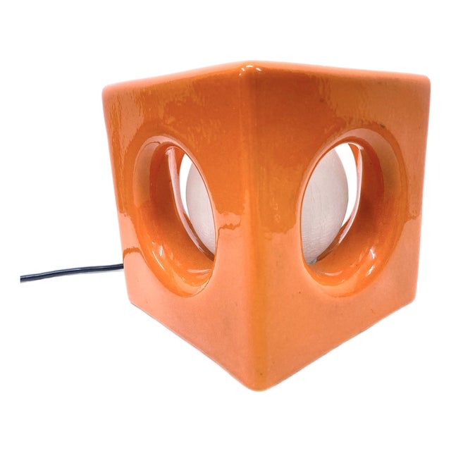 Space Age Cube-Shaped Orange Ceramic Table Lamp, 1970s For Sale