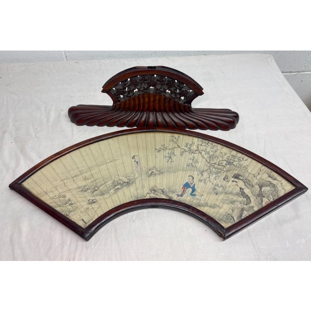 Antique Early 1800's Chinese Qing Dynasty Hand Painted Hand Fan Carved Wood Base For Sale - Image 11 of 18