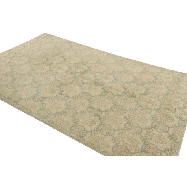 1950s Vintage Distressed Rug, Beige and Green Floral Geometric Pattern - Rug & Kilim For Sale - Image 5 of 8