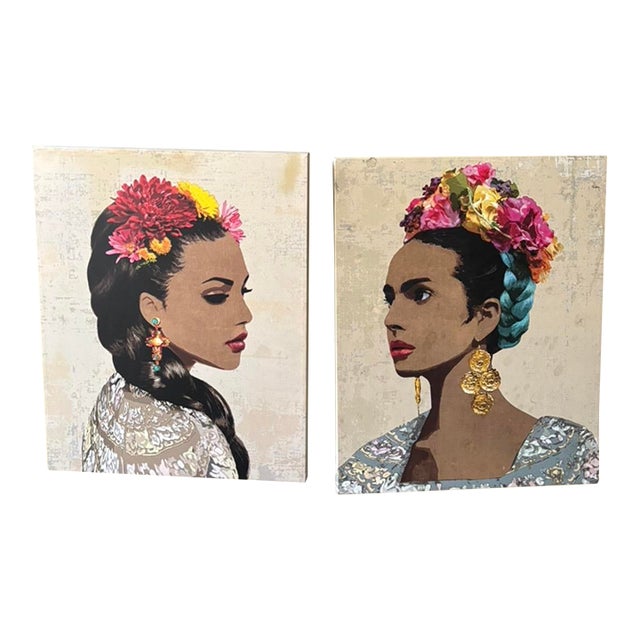 Set of 2 Floral Portrait Women Canvas Paintings Medium Unframed For Sale