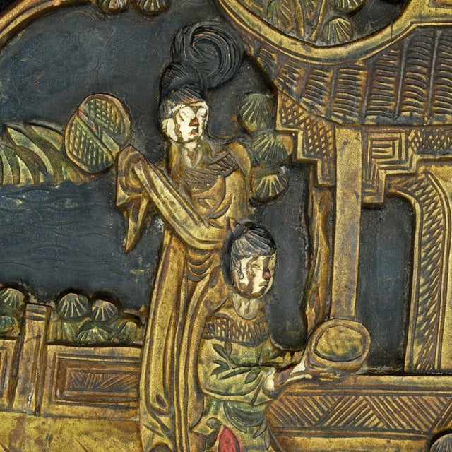 Chinese Chinese Carved Wood Plaque of Woman and Attendant Circa 1920 For Sale - Image 3 of 5