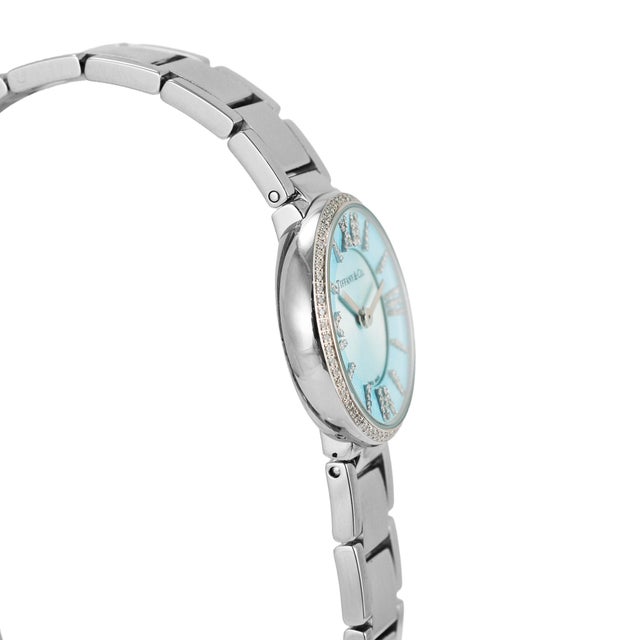 Modern Ladies Tiffany & Co. Blue Atlas 2-Hand 24mm 62867485 Diamond Steel Quartz Watch For Sale - Image 3 of 9