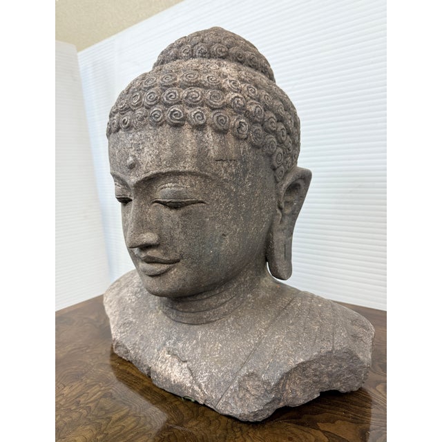 Religious Indonesian Hand Carved Lava Stone Buddha Bust For Sale - Image 3 of 12