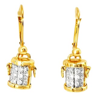 Late 20th Century Pair of 14K Yellow Gold Diamond Bucket Earrings For Sale