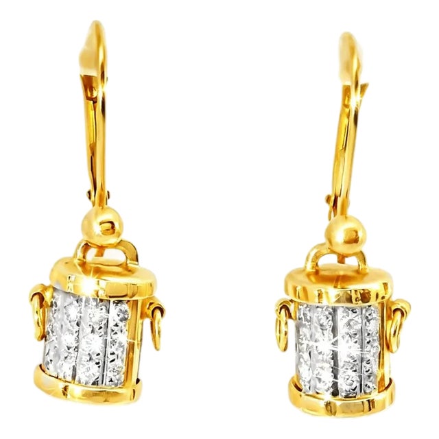 Late 20th Century Pair of 14K Yellow Gold Diamond Bucket Earrings For Sale