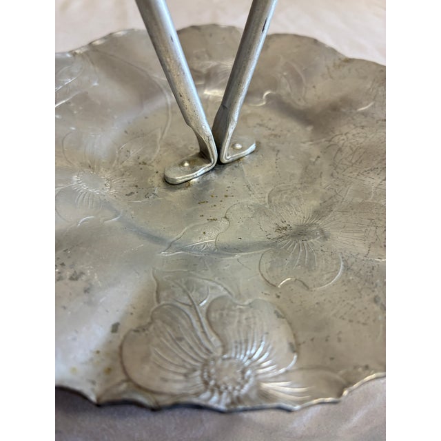 Vintage Hand Wrought Aluminum Handled Serving Tray With Floral Motif For Sale - Image 4 of 8