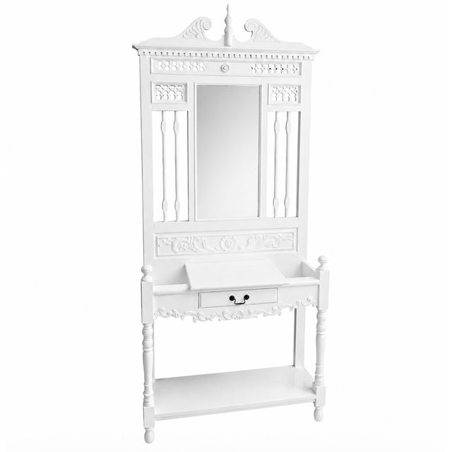 Mid 20th Century Vintage Ornate Hall Tree Vanity | High Gloss White W/ Mirror | Palm Beach Regency For Sale - Image 5 of 6