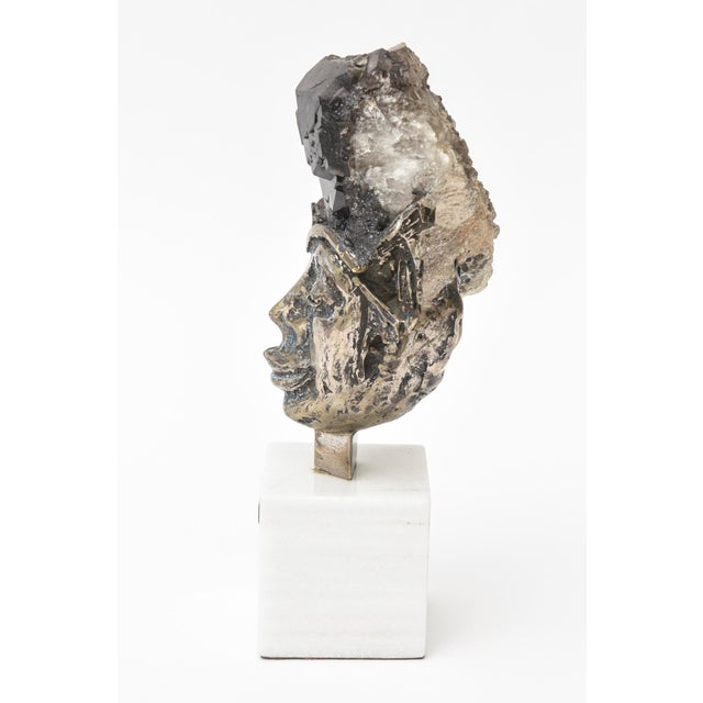 Amethyst Silvered Bronze, Amethyst, Quartz and Enamel Sculpture on Marble Base For Sale - Image 8 of 11