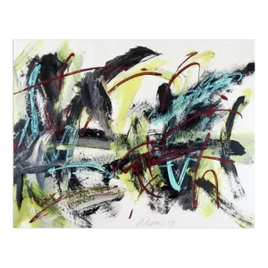 Abstract Expressionist Jerry Adams Lime Black Turquoise Painting on Paper