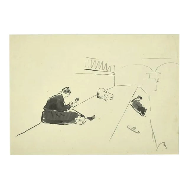 Unknown, Paris Along the Seine, China Ink Drawing, 1910s For Sale