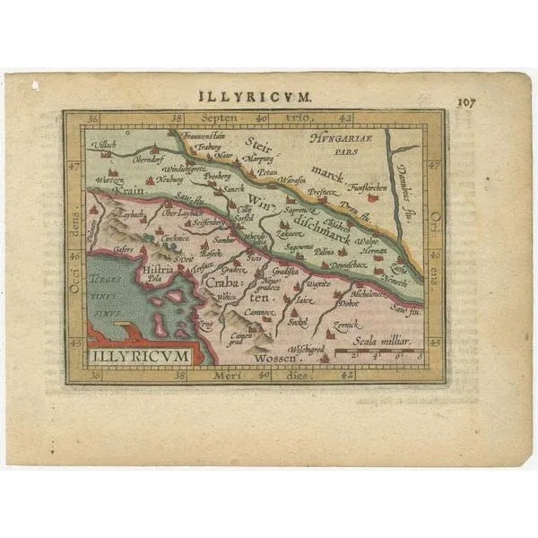 Antique miniature map titled 'Illyricum'. Original small map of Illyricum. The Roman province of Illyricum stretched from...