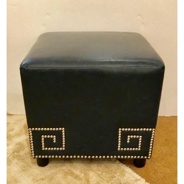 2010s Furniture Classics Modern Blue Leather Meander Ottoman For Sale - Image 5 of 6