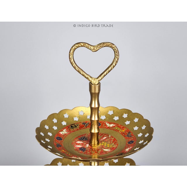 Mid-Century Modern Vintage Brass 3 Tier Serving or Display Tray Stand With Heart Shaped Handle For Sale - Image 3 of 6
