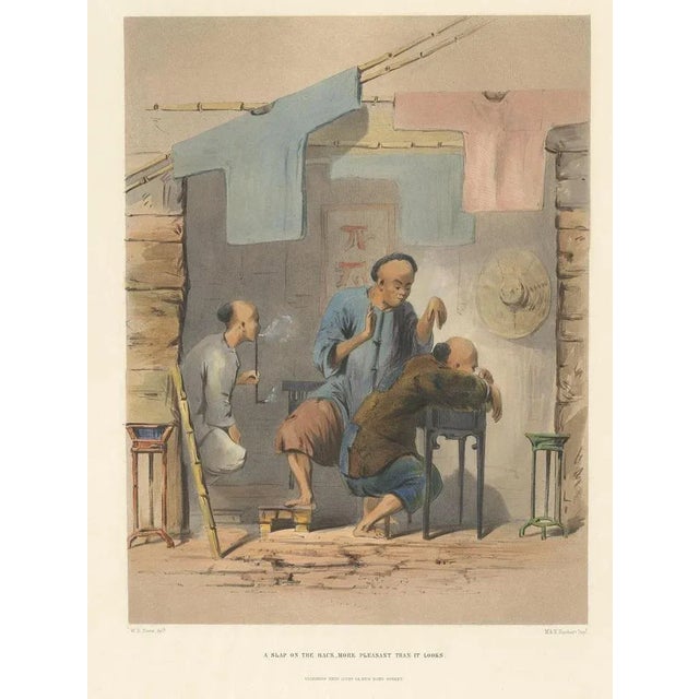 Antique print titled 'A slap on the back, more pleasant than it looks'. Old print of a Chinese man giving a massage and a...