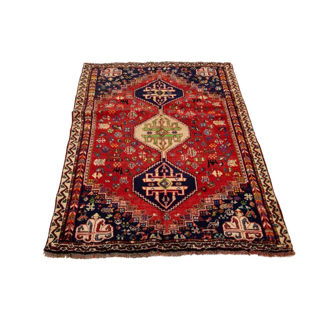 Tribal Handmade Red Vintage Shiraz Wool Rug With Tribal Design For Sale - Image 3 of 7