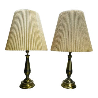 Vintage 1960s Brushed Brass Table Lamps With Shades, Pair For Sale