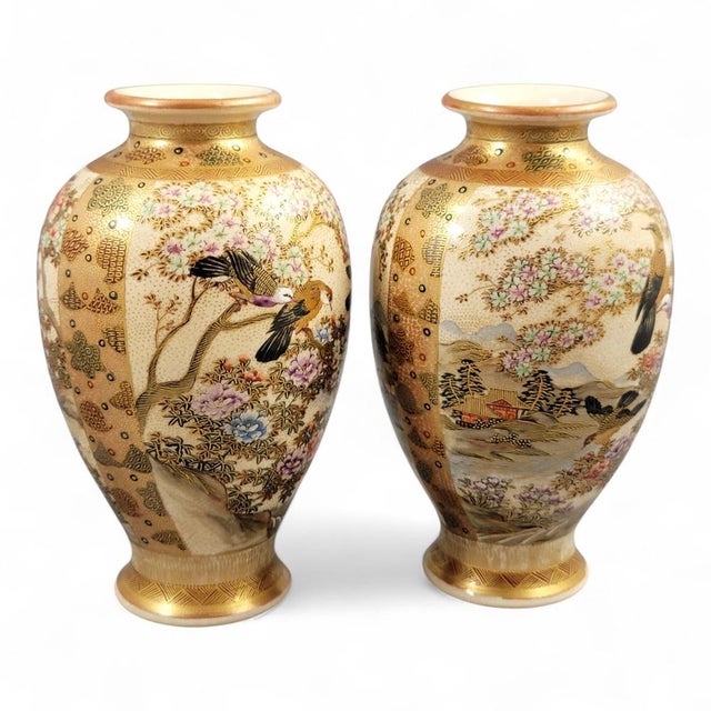 A museum-clean pair of Japanese Satsuma vases by Hododa, Yokohama, c. 1895–1915. Ivory ground with fine craquelure,...
