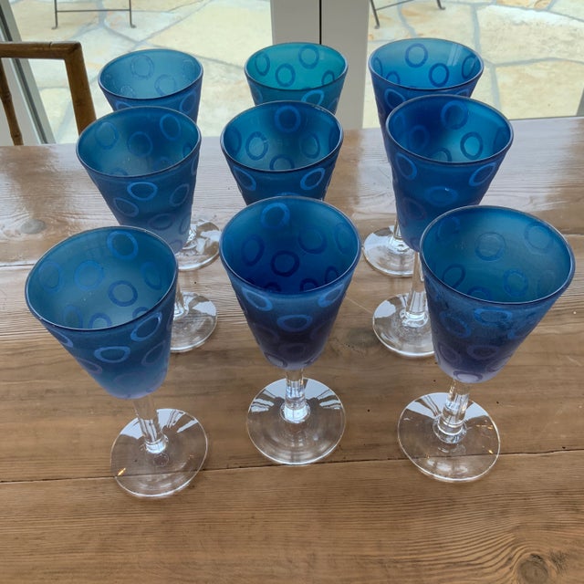 Murano Vintage Murano Blue Raised Circle Wineglasses Attributed to Mario Badioli - Set of 9 For Sale - Image 4 of 10