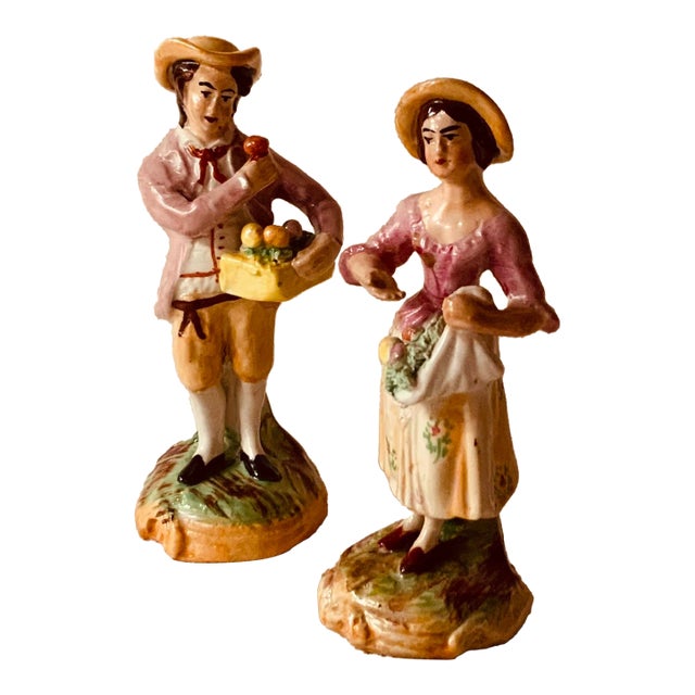Enchanting Pair of C1900 Staffordshire Lovers - Hand-Painted Clay Figures For Sale