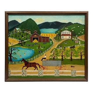 1980s Folk Art Landscape Oil on Canvas by J Young For Sale