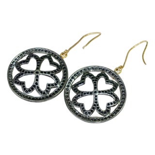 925 Sterling Silver Natural Black Diamond Earrings 14k Yellow Gold Hook Earring, A Pair For Sale