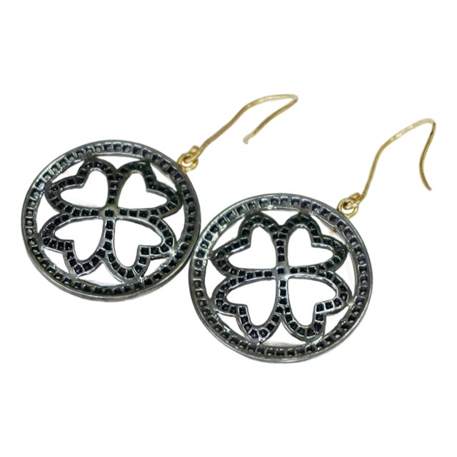 925 Sterling Silver Natural Black Diamond Earrings 14k Yellow Gold Hook Earring, A Pair For Sale