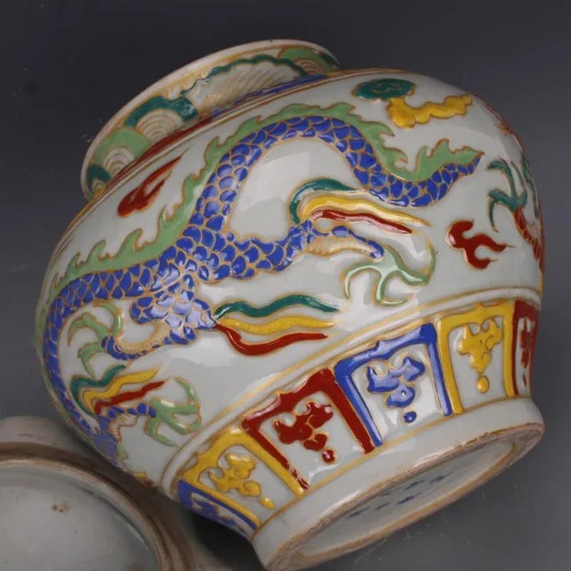 Early 20th Century Chinese Vintage Ceramic Pot,Ming Dynasty Xuande Marked Famille Verte Porcelain Lid Jar Hand Carved Cloud and Dragon Pattern For Sale - Image 5 of 6