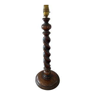 Antique English Barley Twist Oak Lamp With European Wiring For Sale
