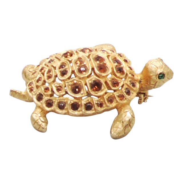 Vintage 1960s Signed DeNicola Goldtone Faux-Topaz Turtle Brooch For Sale