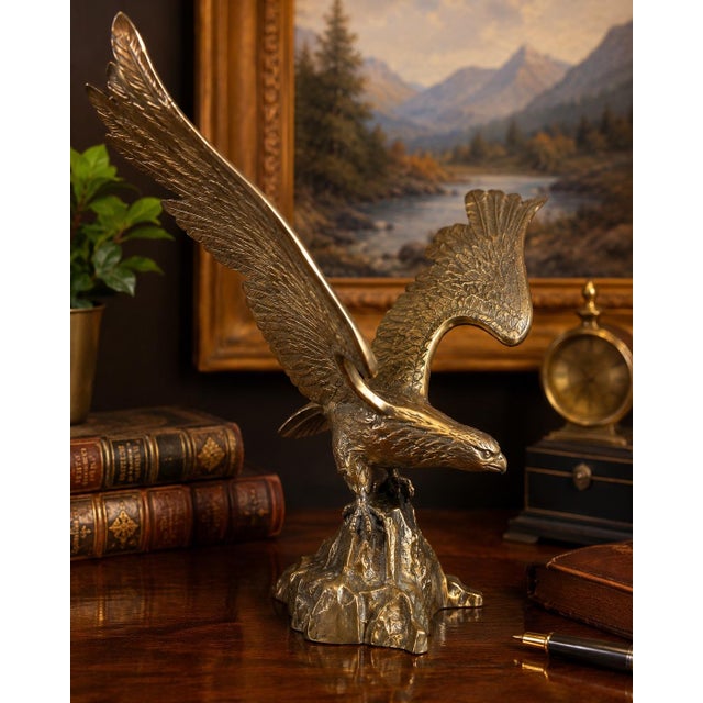 Mid 20th Century Vintage Solid Cast Brass Eagle Sculpture on Rocky Outcrop, 12” Tall For Sale - Image 5 of 11