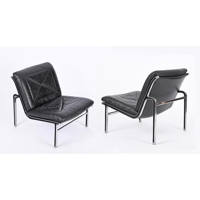 Aluline Chairs in Black Leather and Steel by Andre Vandenbeuck for Strässle, 1960s, Set of 2 For Sale - Image 6 of 18