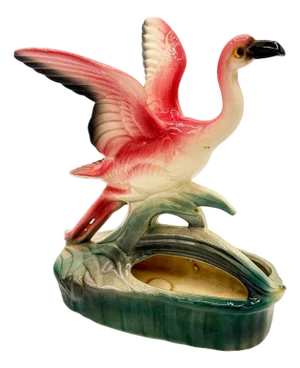 1950s Mid-Century California Pottery Ceramic Pink Open Wing Flamingo Table Planter