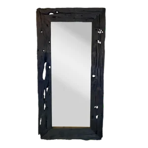 Monumental Modern Rustic Style Hand Carved Wooden Black Frame Floor Mirror