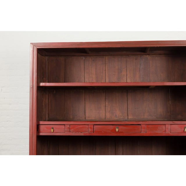 Red Chinese Early 20th Century Red Lacquered Display Cabinet with Three Drawers For Sale - Image 8 of 13