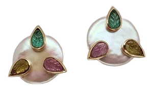 Pair 18k Freshwater Coin Pearls With Emerald, Pink, and Yellow Sapphire Carved Leaves