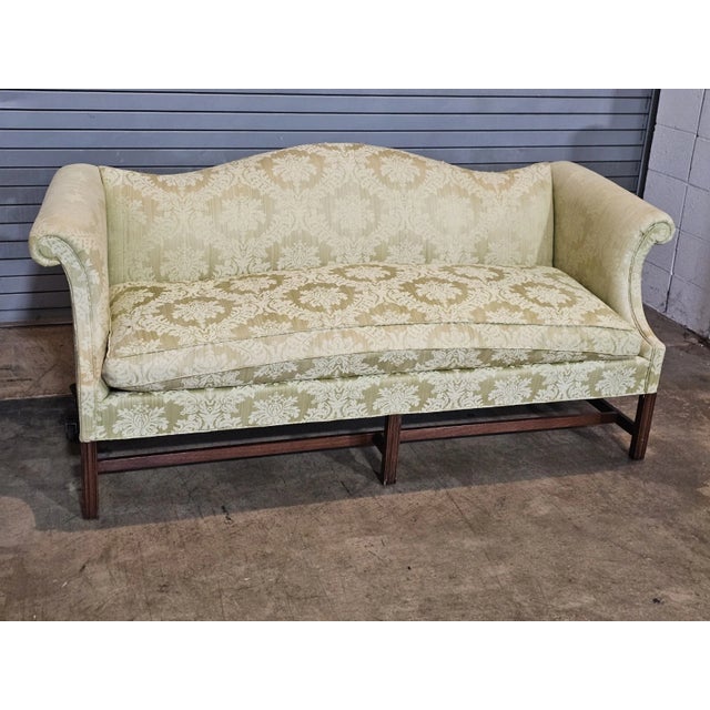 Chippendale Late 20th Century Chippendale Style Mahogany Sofa Green Silk Damask Fabric Made in North Carolina For Sale - Image 3 of 8