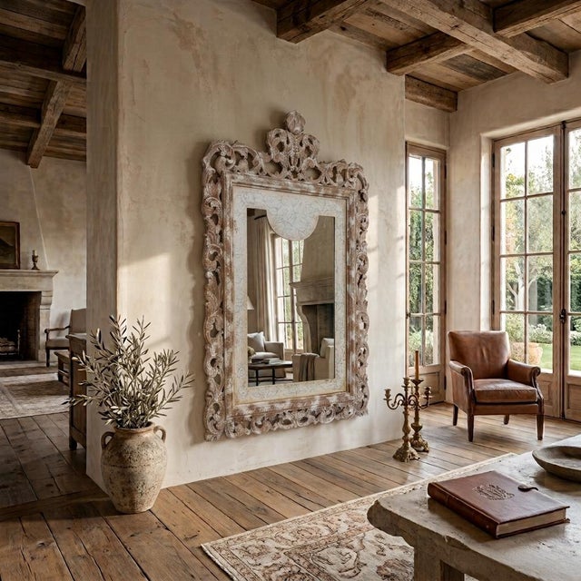 A grand scale Venetian style wall or floor mirror, measuring over six feet in height. Constructed from solid carved wood,...