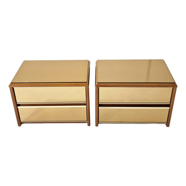 Vintage Bedside Tables in Wood and Bronzed Mirrored Glass, 1970s, Set of 2 For Sale