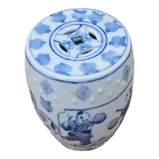 Vintage Chinese Blue and White Porcelain Miniature Drum Stool / Tabletop Garden Seat For Sale