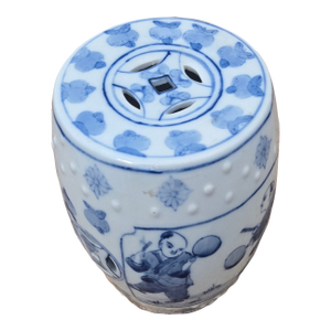 Vintage Chinese Blue and White Porcelain Miniature Drum Stool / Tabletop Garden Seat
