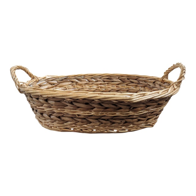 Vintage Farmhouse Cottage Woven Wicker Basket With Handles For Sale