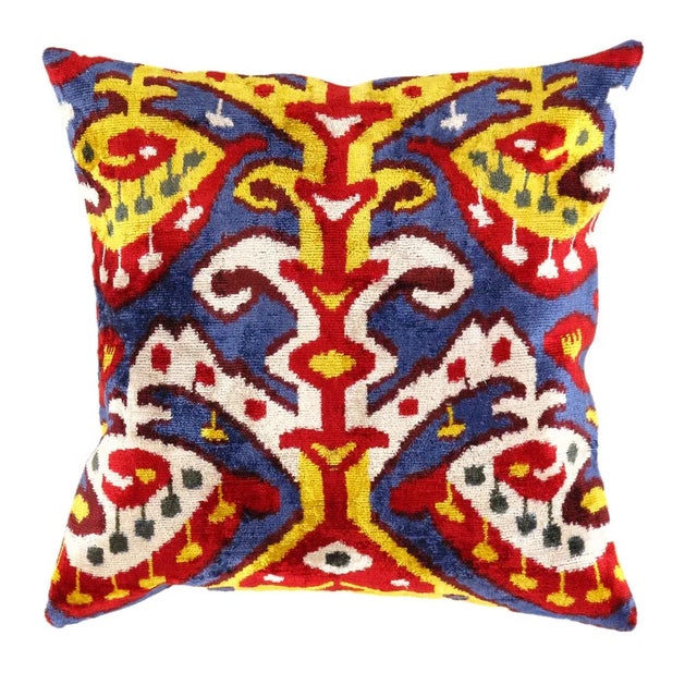 Contemporary Turkish Multi Colors Velvet Silk Ikat Pillow For Sale - Image 4 of 4