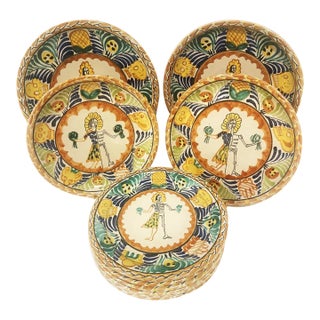 Vintage Mexican Majolica Day of the Dead Dinnerware/Plates - Set of 10 For Sale